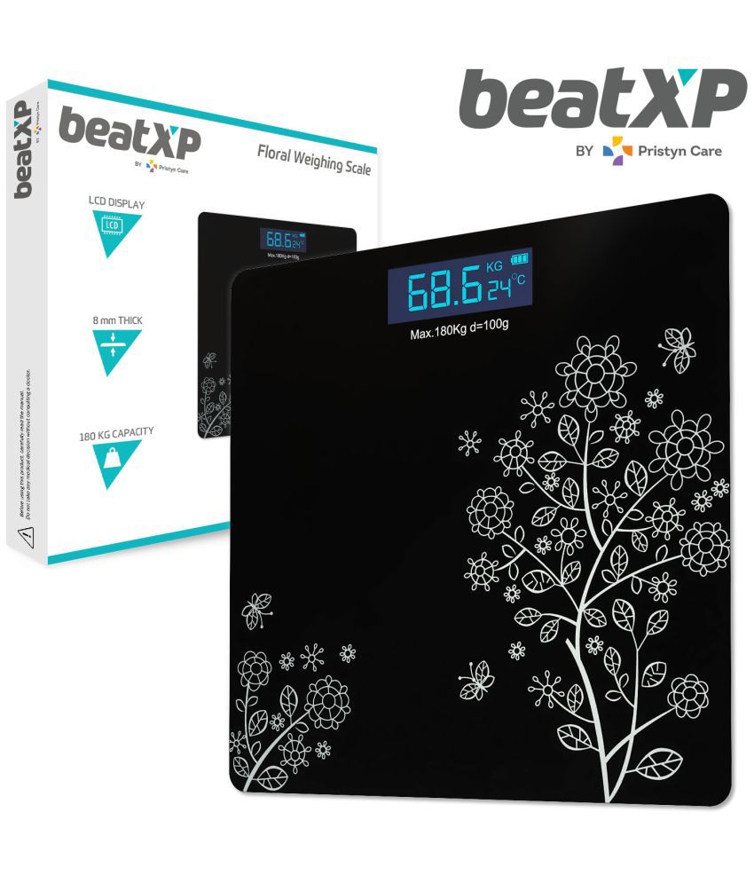BeatXP Thick Tempered Glass Electronic LCD Personal Health Body Fitness Digital Bathroom Scales & Weight Machine for Home & Human Balance with Room Temperature Indicator - Floral Black