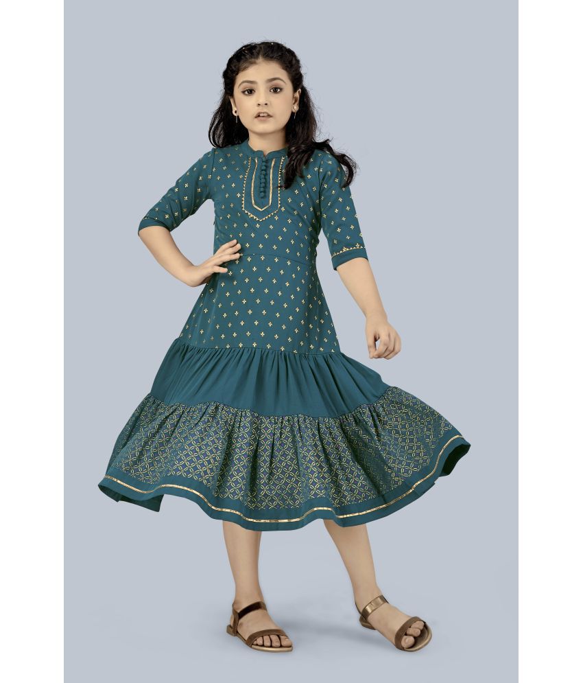     			Mirrow Trade Girls Knee Length Foil Printed Tiered Dress