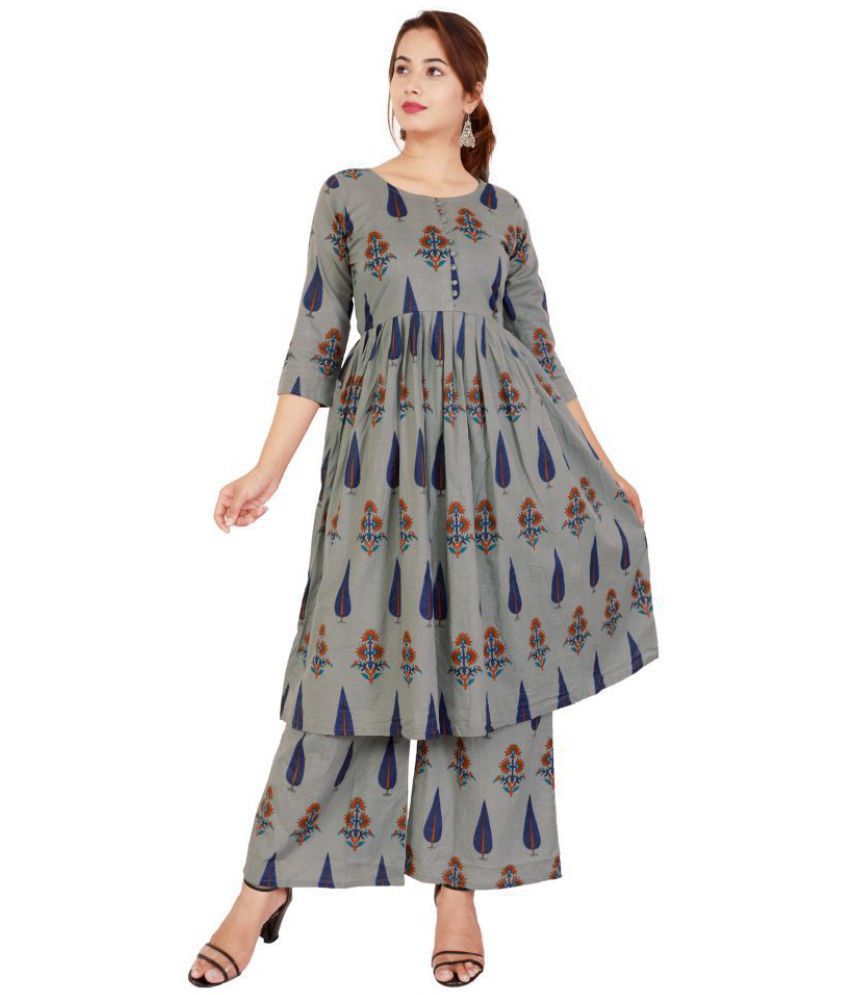     			EXPORTHOUSE - Grey Melange Anarkali Cotton Women's Stitched Salwar Suit ( Pack of 1 )