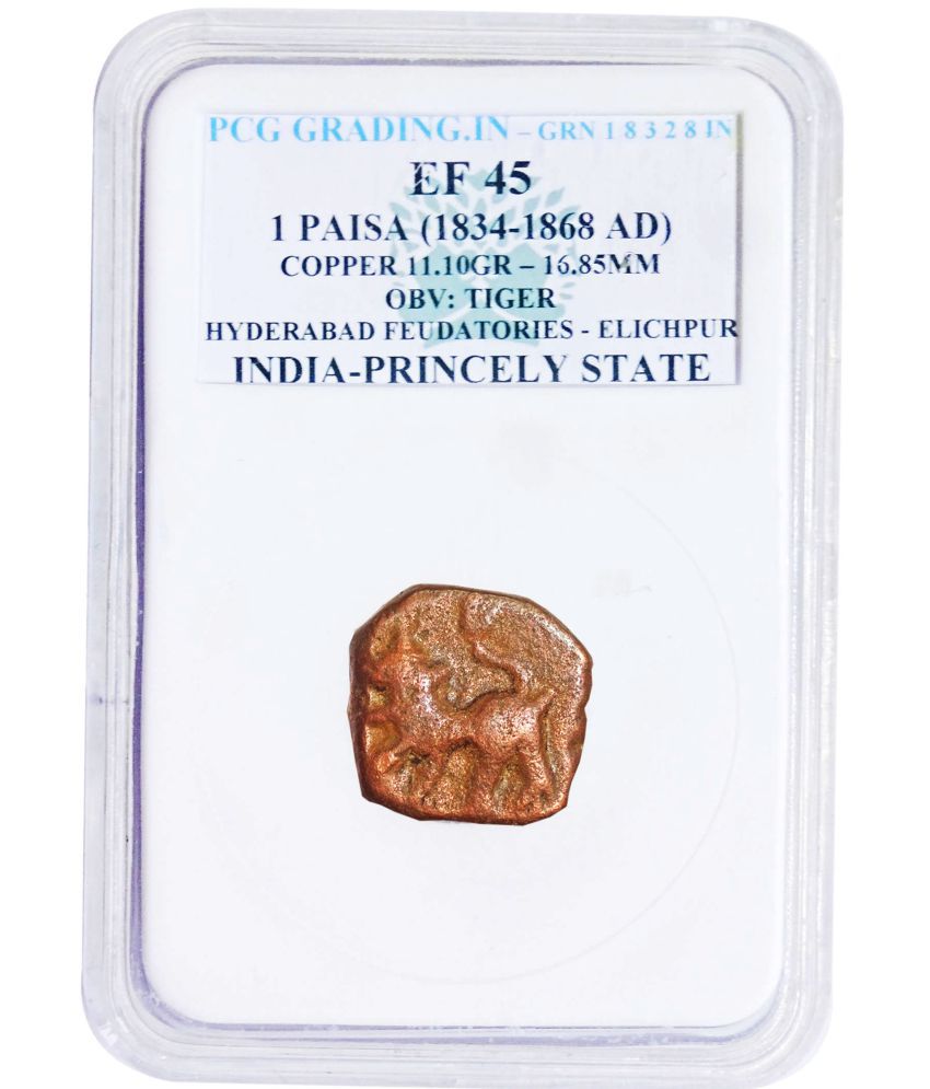     			(PCG Graded) 1 Paisa (1834-1868 AD) OBV - Tiger Hyderabad Feudatories - Elichpur India - Princely State PCG Graded Copper coin