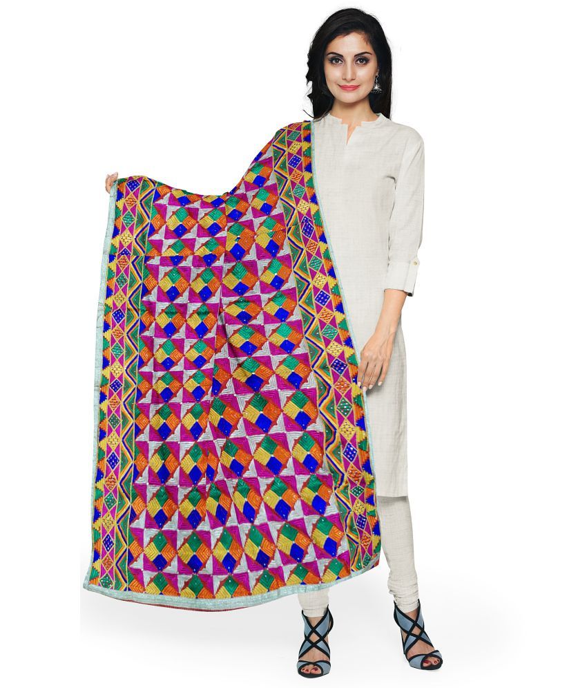     			Queenley Multicoloured Chiffon Phulkari Dupatta - Single