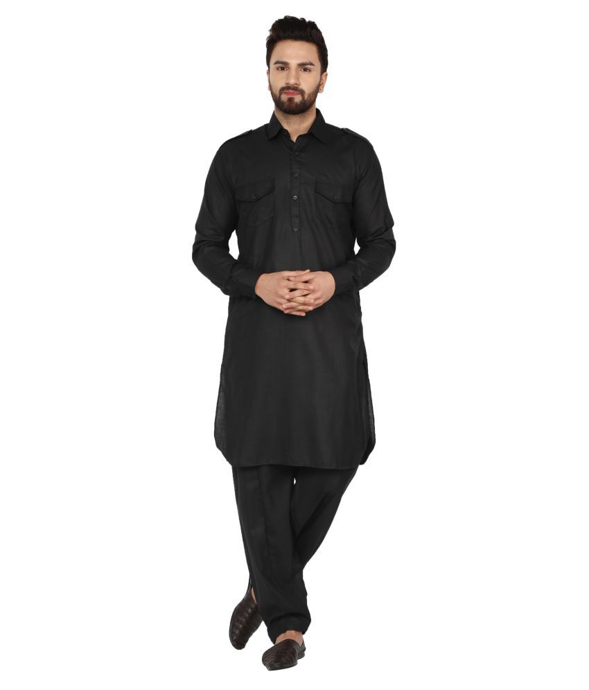     			SKAVIJ Black Cotton Kurta Pyjama Set