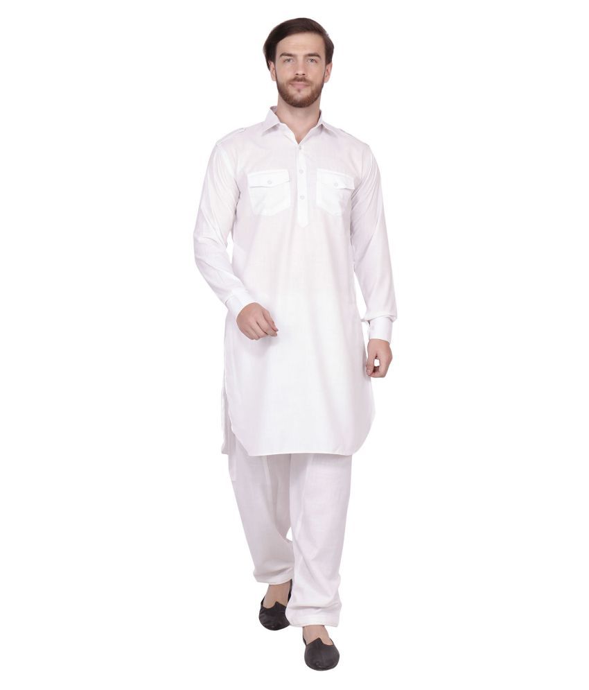     			SKAVIJ White Cotton Kurta Pyjama Set