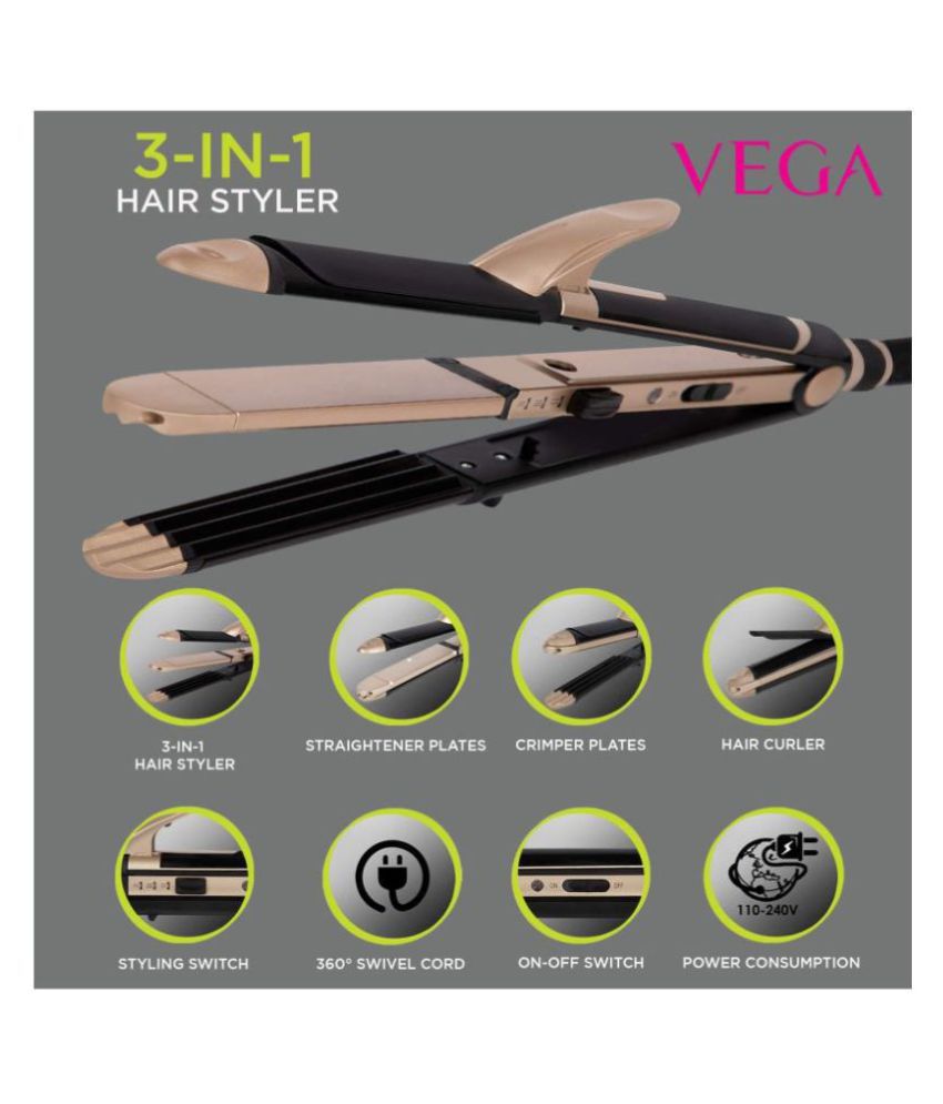 VEGA 3 in 1 Hair Styler, Straightener, Curler & Crimper (VHSCC-01), Black  Price in India - Buy VEGA 3 in 1 Hair Styler, Straightener, Curler & Crimper  (VHSCC-01), Black Online on Snapdeal