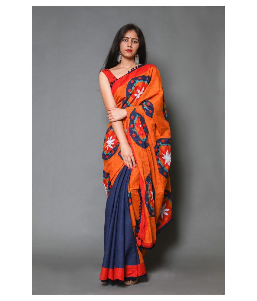 Shivanya Handicrafts Orange Cotton Blend Saree - Buy Shivanya Handicrafts Orange Cotton Blend 