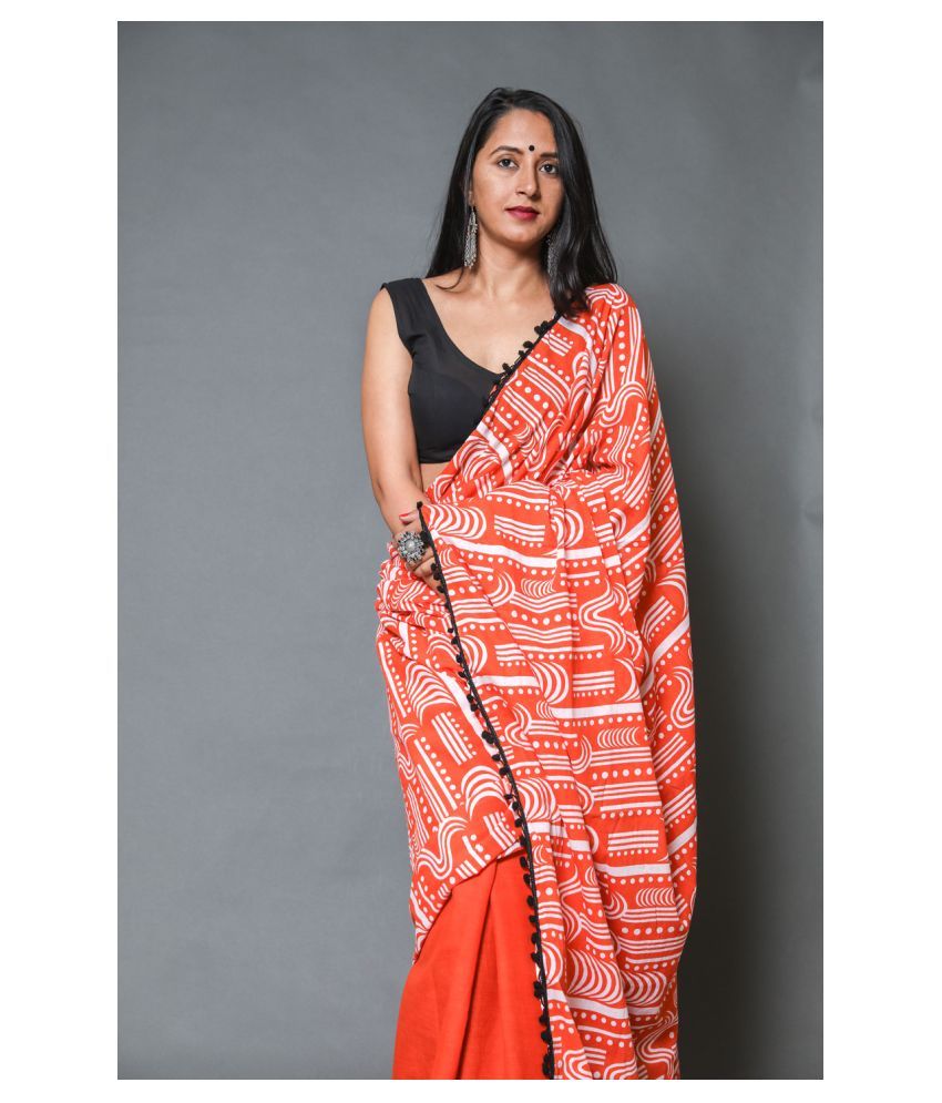 Shivanya Handicrafts Orange Cotton Blend Saree - Buy Shivanya Handicrafts Orange Cotton Blend 