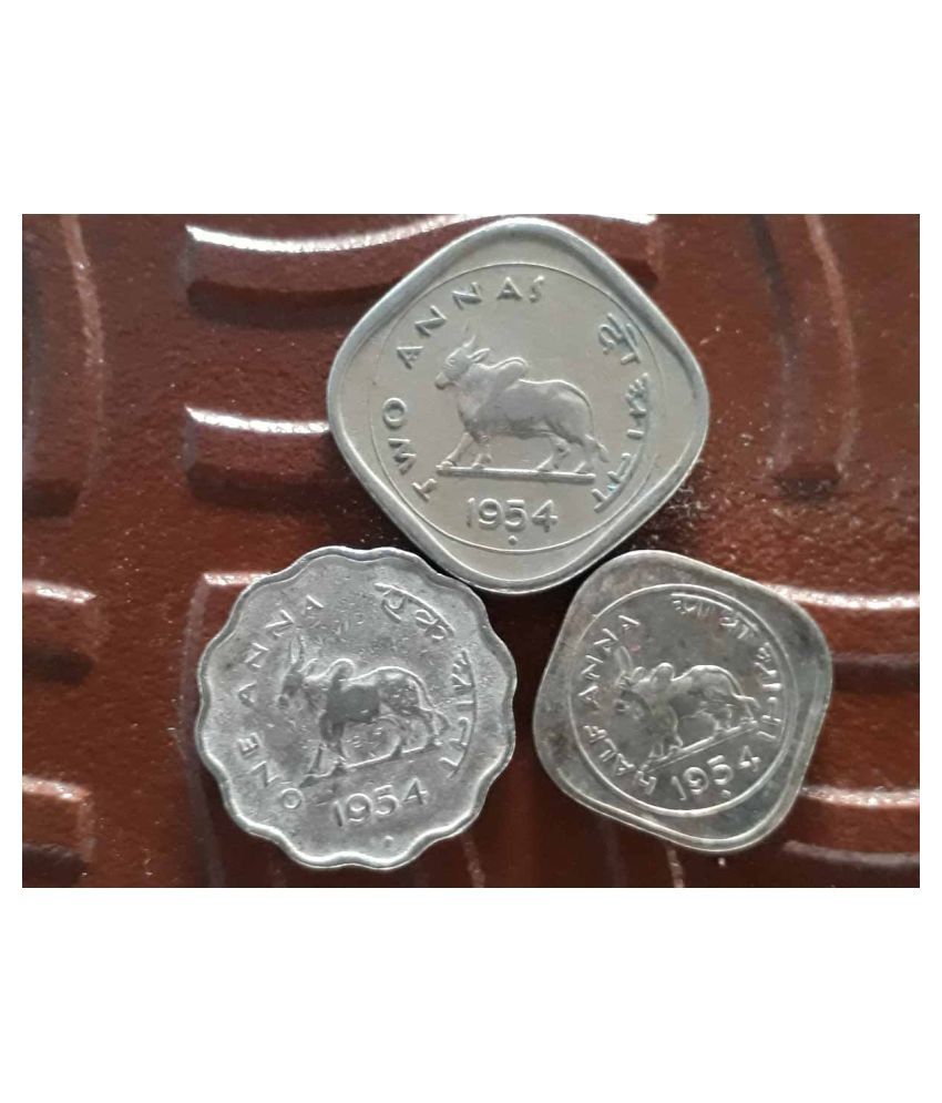 3 COINS SET - BULL - 1954 - india - Circulated Condition - the same set will be send