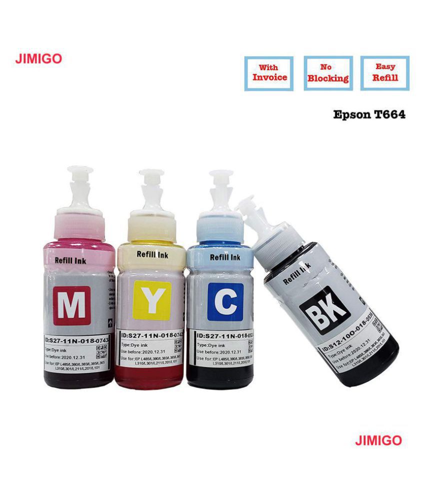 Jimigo For Epson L360 L380 Multicolor Pack Of 4 Ink Bottle For Epson Ecotank L130l210l220l350 6543