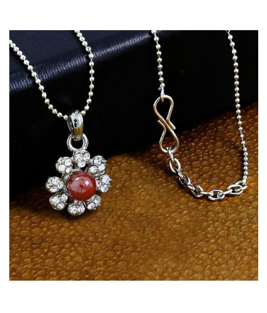     			The Jewelbox Flower CZ Rhodium Maroon Brass American Diamond Pearl Necklace Pendant Chain Set Girls Women