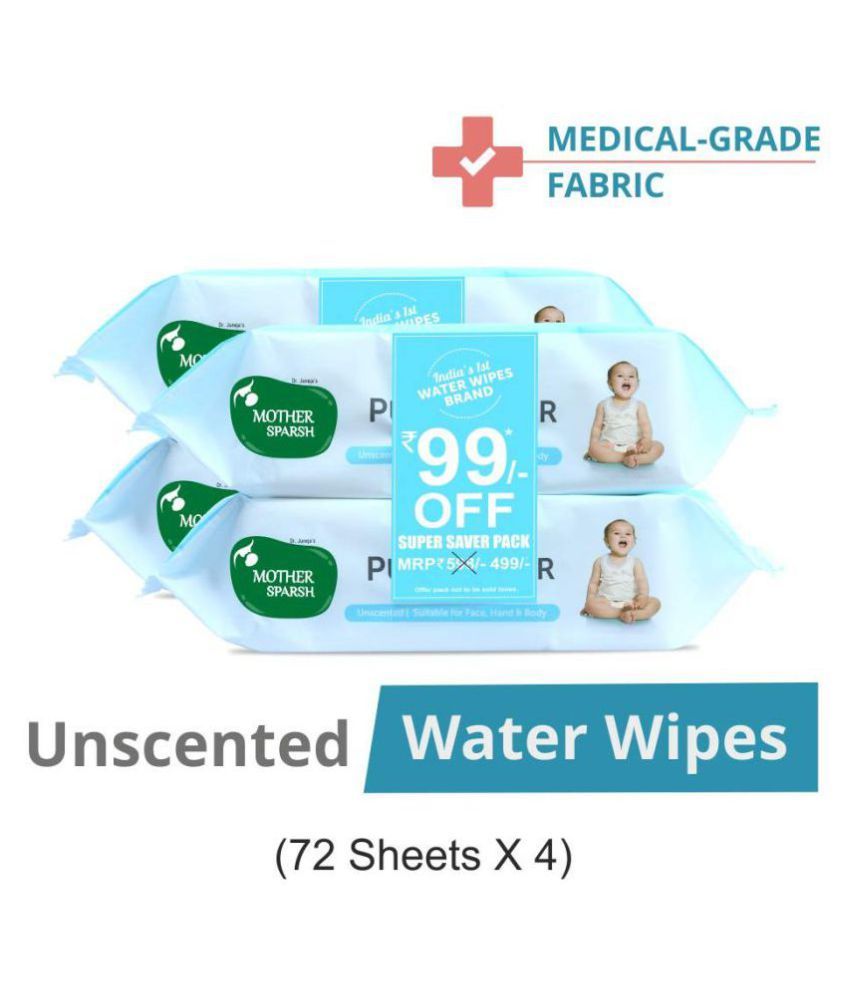 Mother Sparsh Unscented 99 Water Wipes, 72 Baby Wipes, Blue (Pack of 4