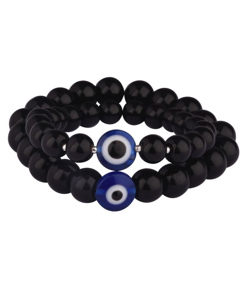 Modern Fusion Black Onyx Stone with Evil Eye Nazar Amulet Stretchable Bracelet for Couple