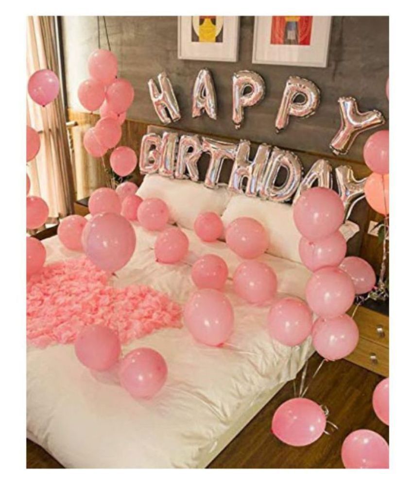     			Pixelfox Happy Birthday Silver Foil Balloon 16 inch+ 30 Pink Metallic Balloons 12 inch for happy birthday decoration item, birthday decoration kit, birthday balloon decoration combo for Boys, Girls, Kids, husband and Wife.