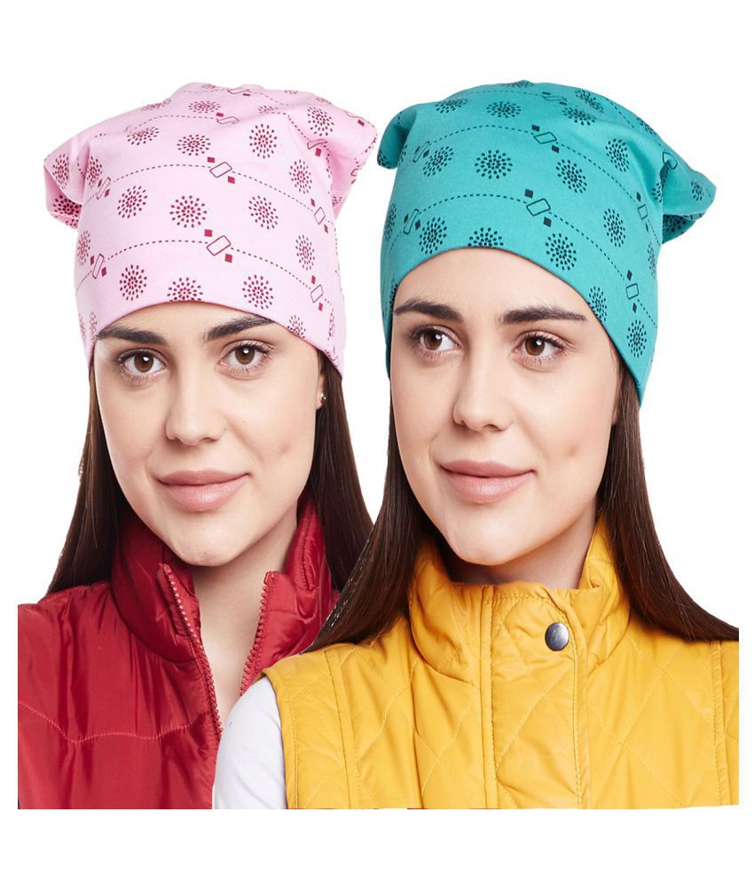 Vimal Printed Pink And Printed Turqouise Beanie Cap For Women(Pack Of 2)