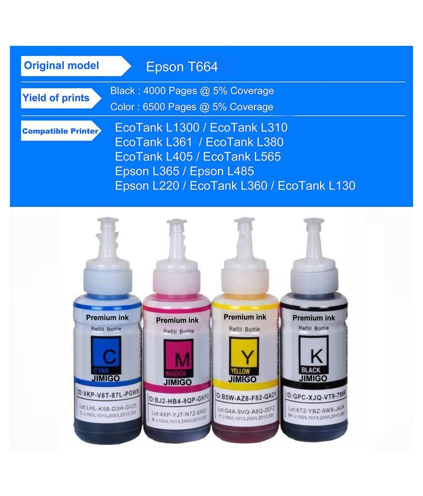 JIMIGO INK FOR EPSON L355 Multicolor Pack of 4 Ink bottle for Refill