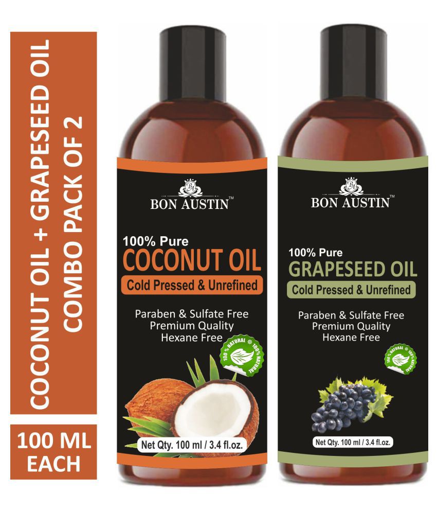     			Bon Austin Premium Coconut Oil & Grapeseed Oil  - Cold Pressed & Unrefined Combo pack of 2 bottles of 100 ml(200 ml)