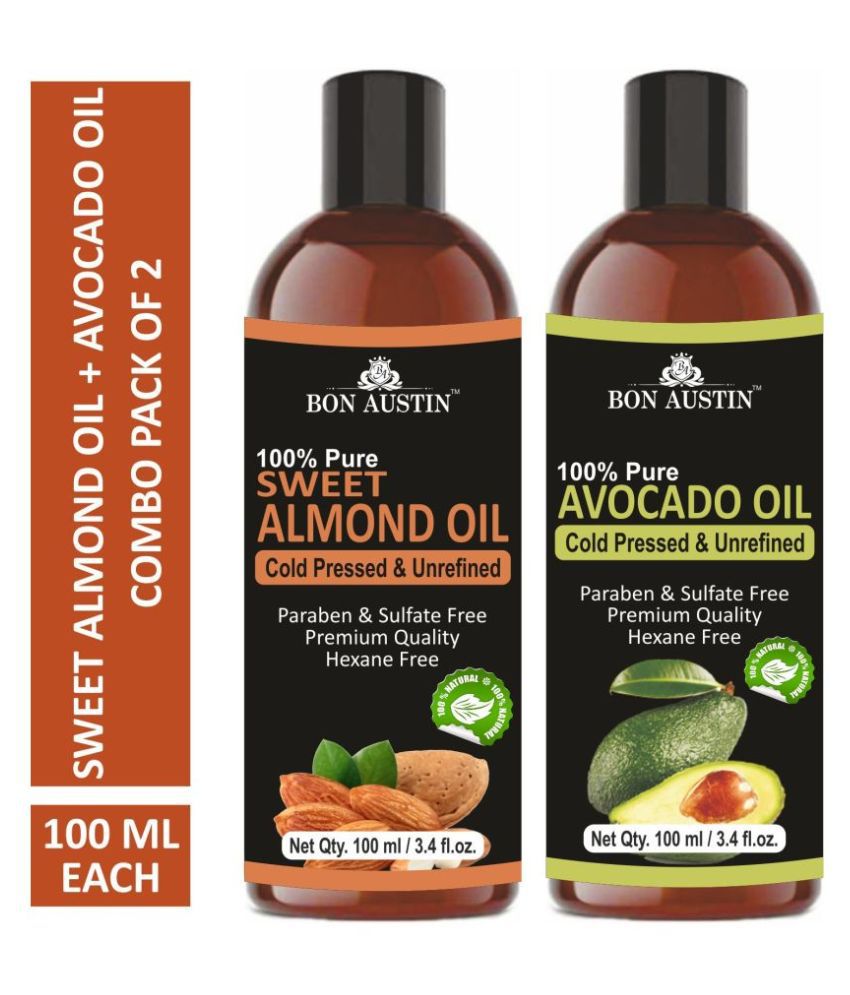    			Bon Austin 100% Pure & Natural Sweet Almond Oil & Avocado Oil - Cold Pressed & Unrefined Combo pack of 2 bottles of 100 ml(200 ml)