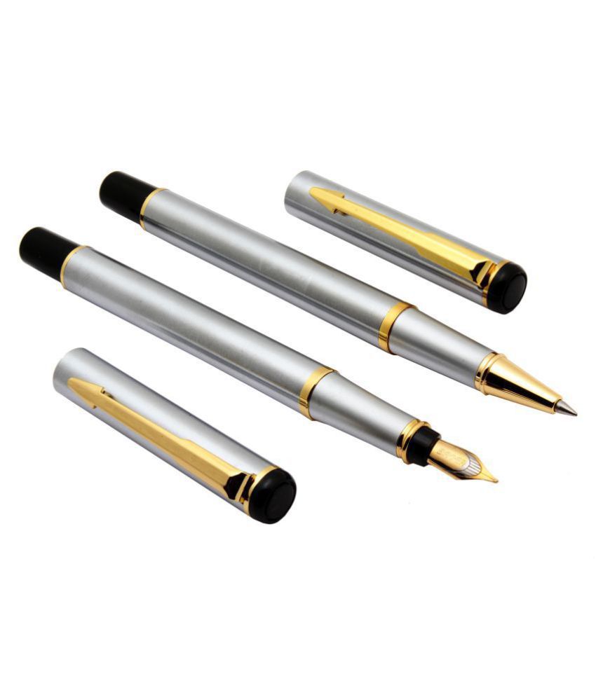     			Combo Of Baoer 801 Brushed Satin Silver Fountain & Roller Pen Golden Trims Special Gift