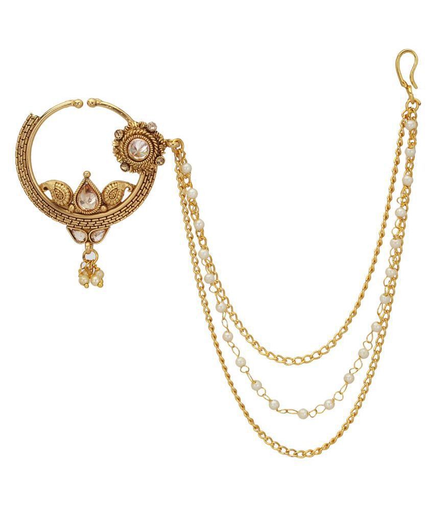 Priyaasi Traditional Gold Plated Kundan NoseRing/Nath With Pearl Chain For Women And Girls