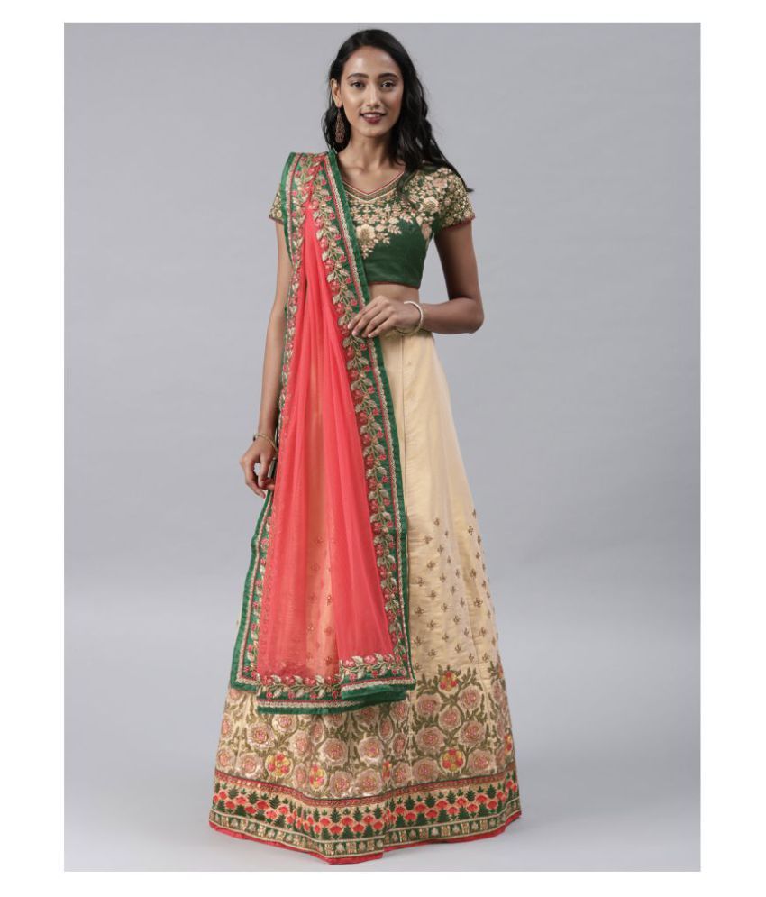     			Aarrah Beige,Green Silk Straight Semi Stitched Lehenga