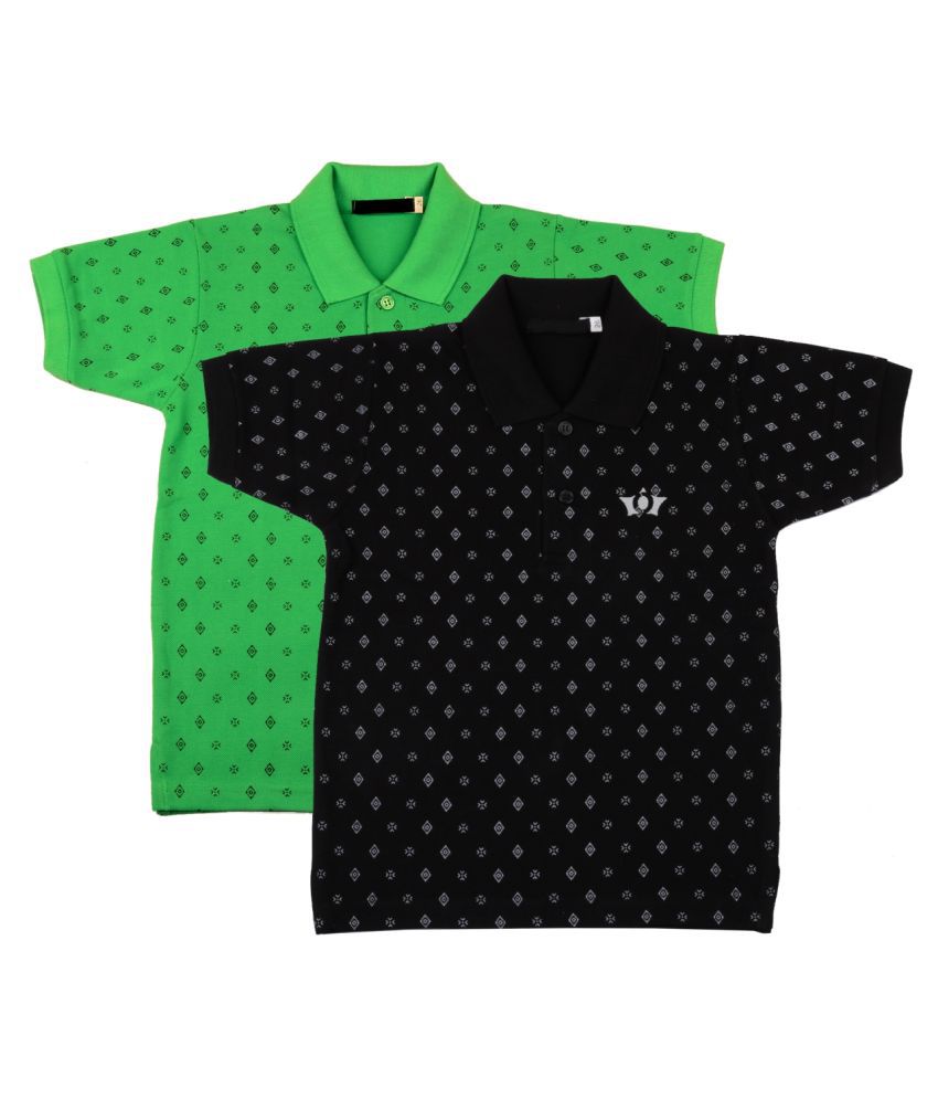 Neuvin Printed Cotton Green & Black Polo TShirts for Boys Pack of 2