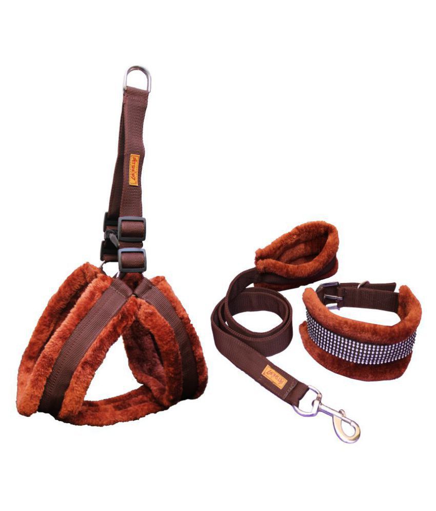     			Petshop7 Nylon Dog Harness , Dog Collar & Leash Set with Fur Medium (Chest Size - 27-32inch) Brown
