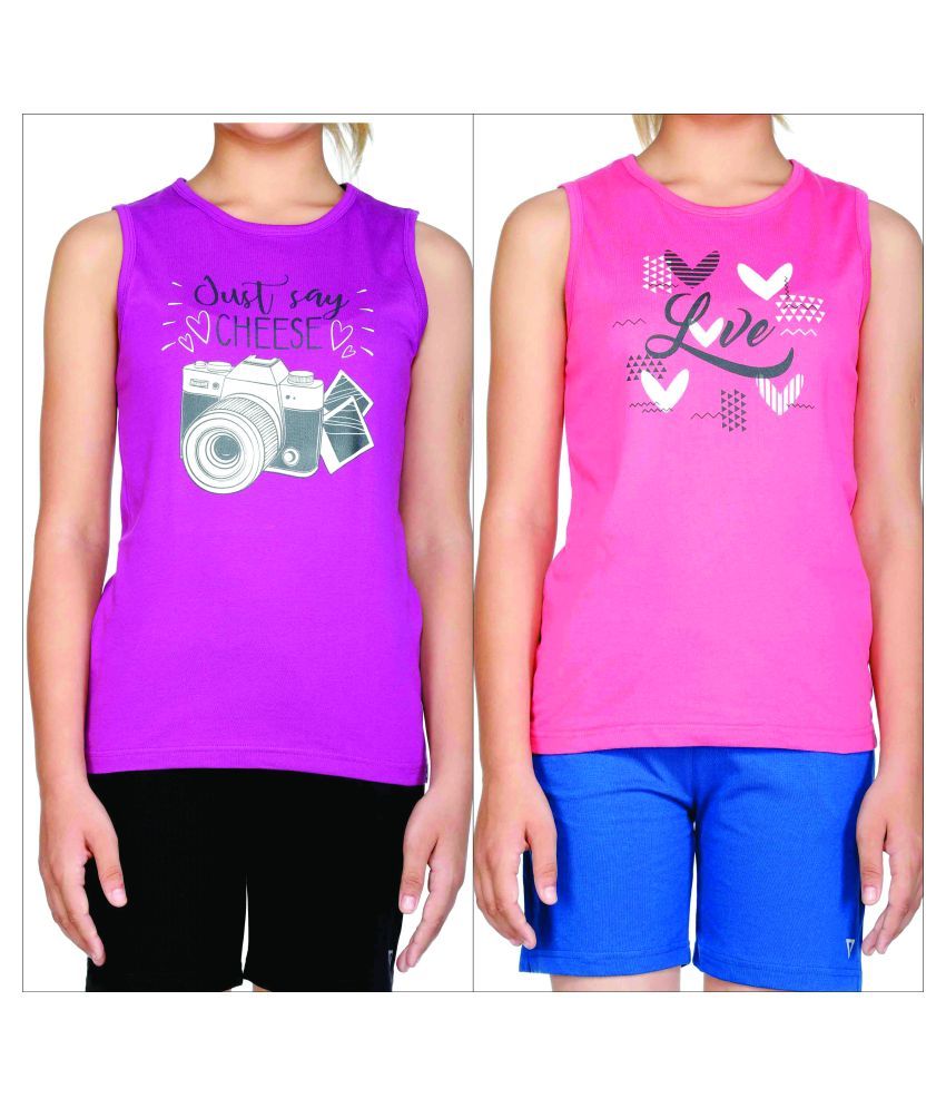     			Proteens Girl's Printed Sleeveless T-Shirt Printed Pink & Purple Combo Pack of 2