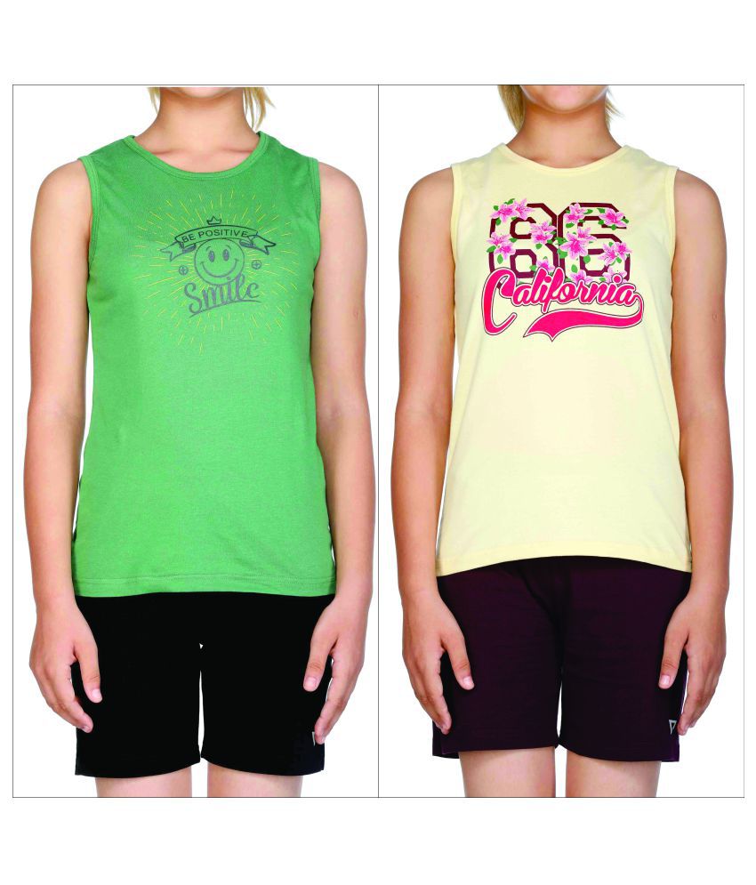    			Proteens Girl's Printed Sleeveless T-Shirt Green & Yellow Combo Pack of 2