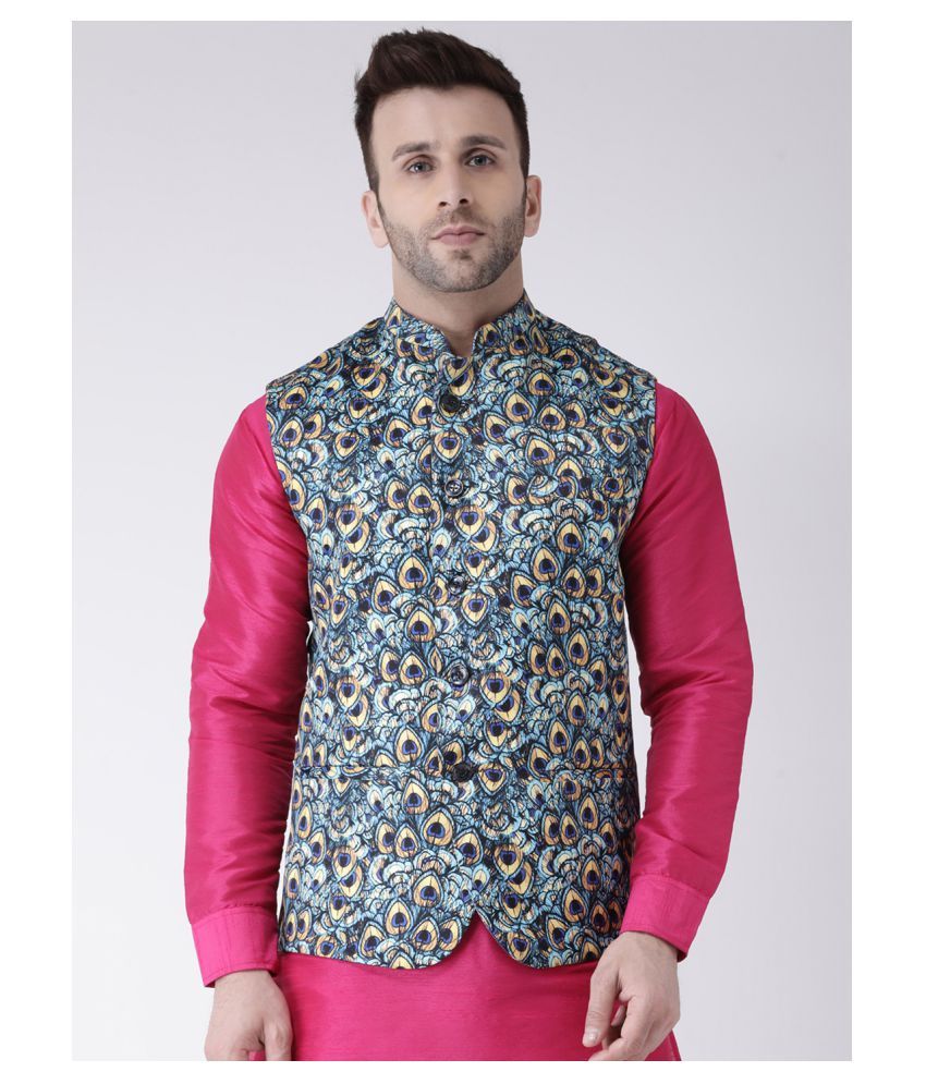     			Hangup Blue Cotton Blend Nehru Jacket