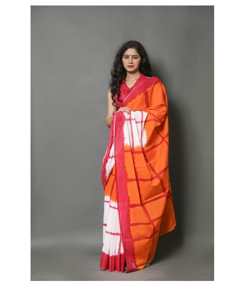 Shivanya Handicrafts Orange,White Cotton Blend Saree - Buy Shivanya Handicrafts Orange,White 