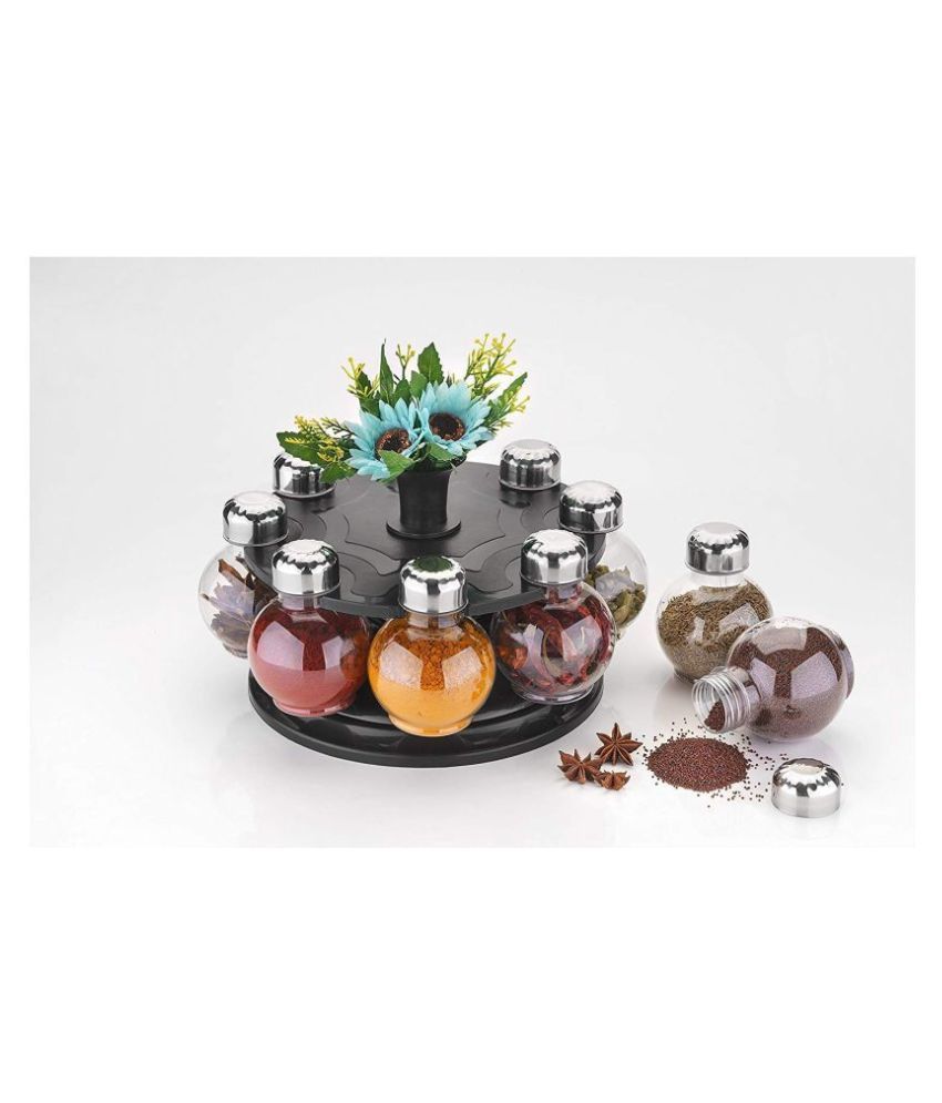 GOSAI KITCHENWARE Plastic Multipurpose Revolving Spice Jar/Condiment Set Rack, 250 ml, 16 Pieces, Multicolour