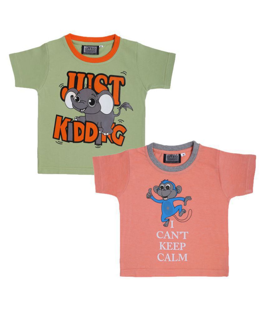     			NEO GARMENTS Kid's Boys & Girls Cotton T-shirt Combo|JUST KIDDING (PARROT GREEN) & I CAN’T KEEP CALM (PEACH ORANGE)|PACK OF 2|