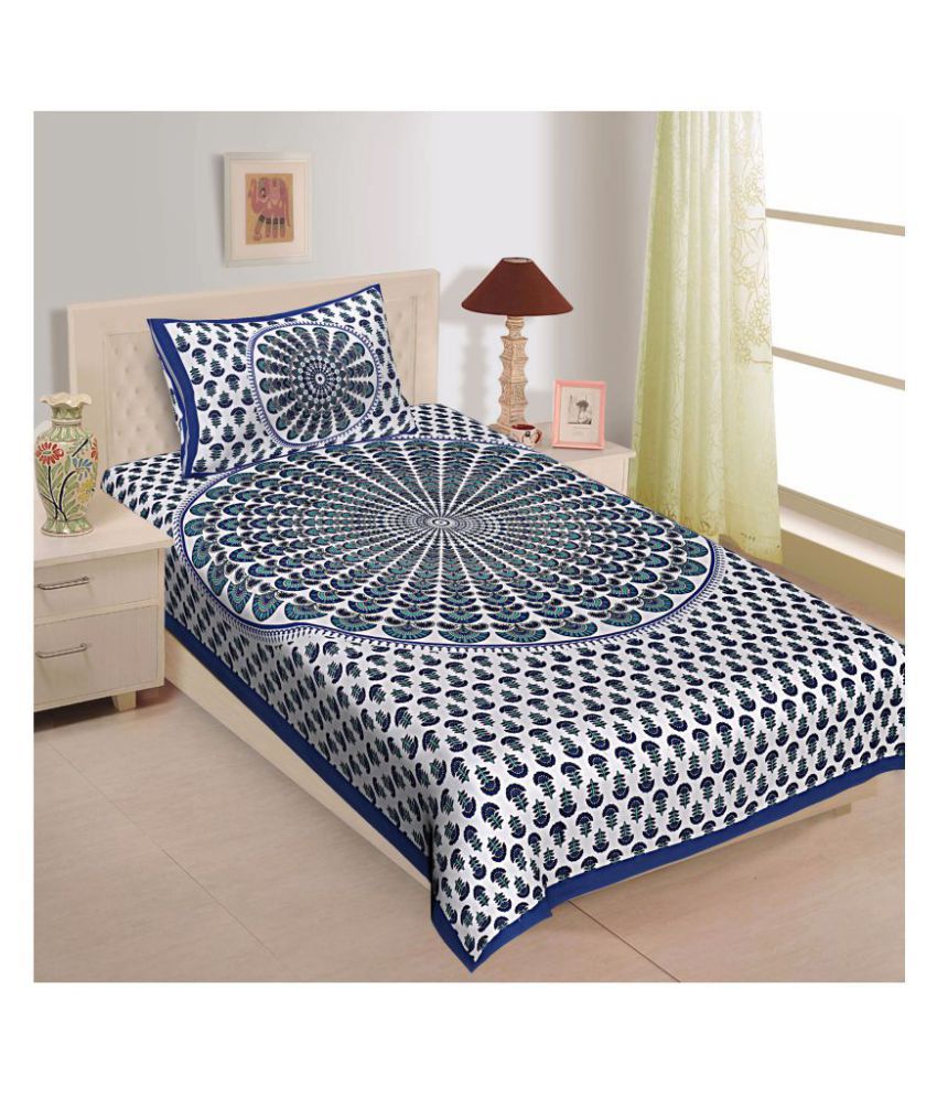     			Rangun - Blue Cotton Single Bedsheet with 1 Pillow Cover