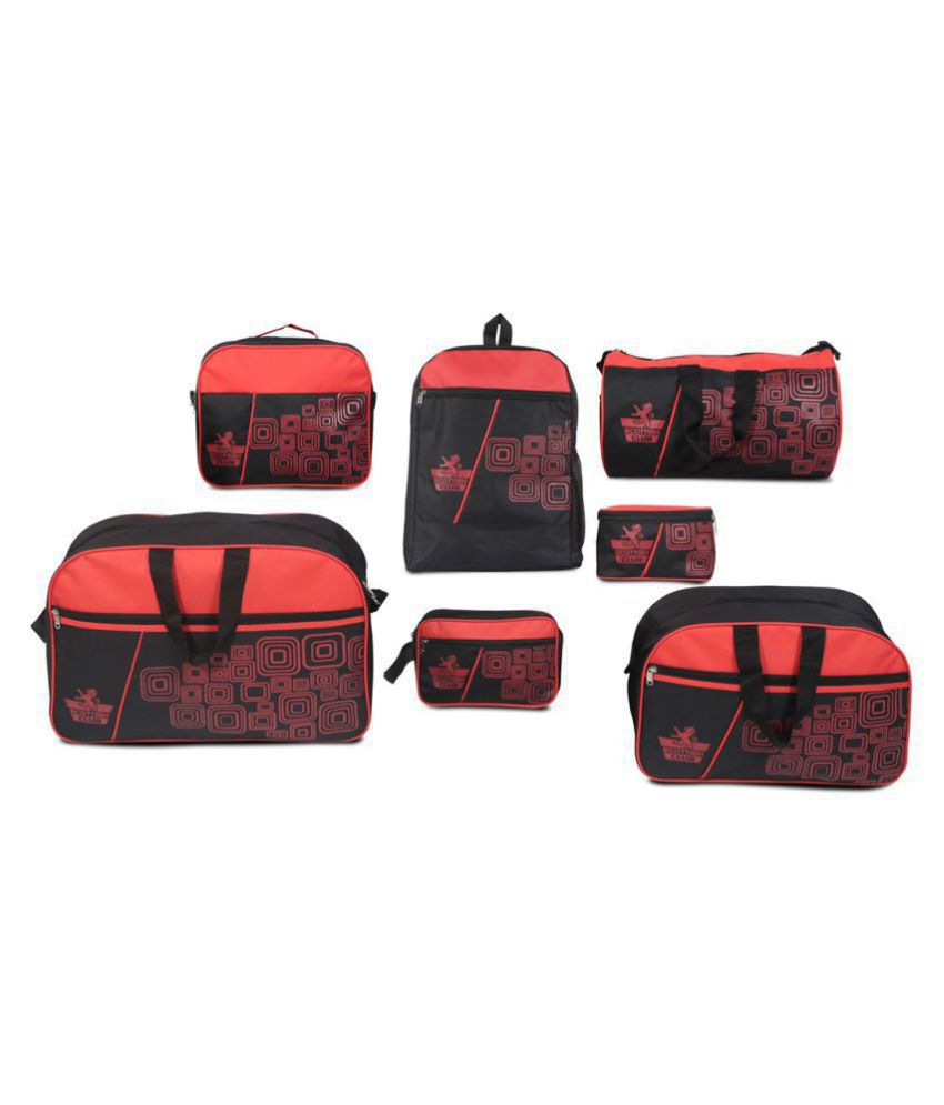     			PrettyKrafts Set of 7 All in one Travel Bag Sets - Multi-Purpose Travel Set with Large & Medium Bags, School Bag, Air Bag, Waist Pouch, Office Sling, Gym Bag & Shaving Kit, Solids -Size ( 52 x 15 x 35 cm)  Printed Red/Black