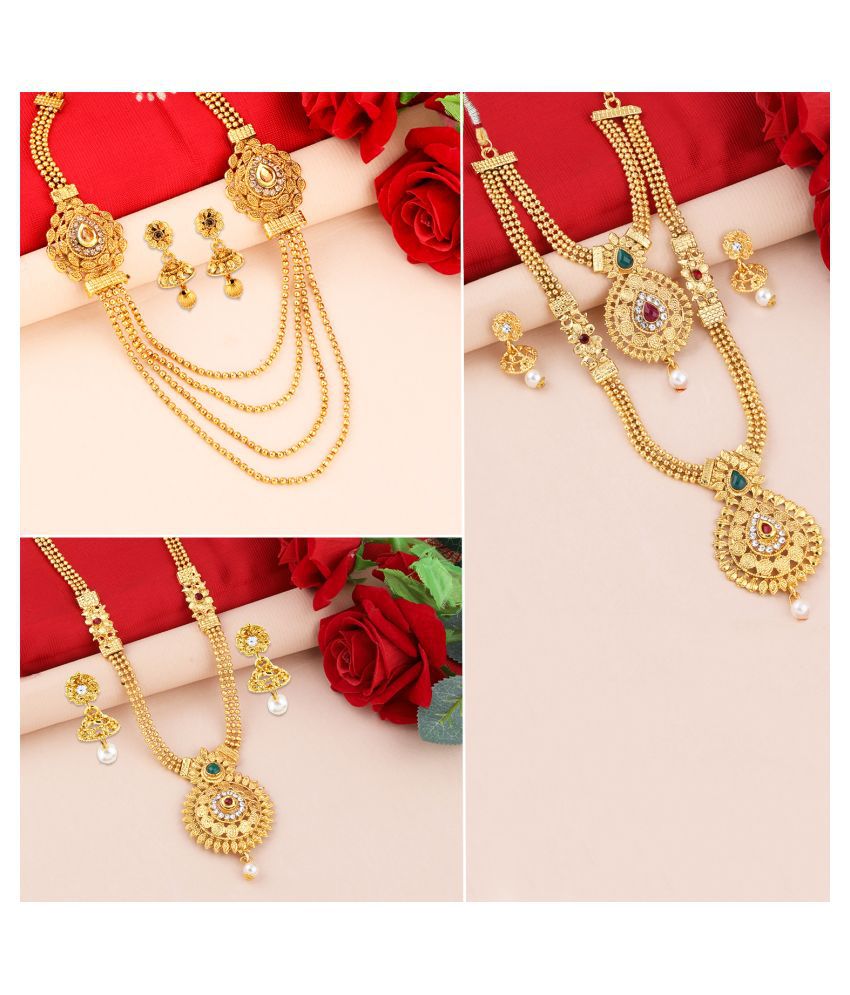     			SILVER SHINE Gold Plated Traditional Designer Long Set Combo For Women
