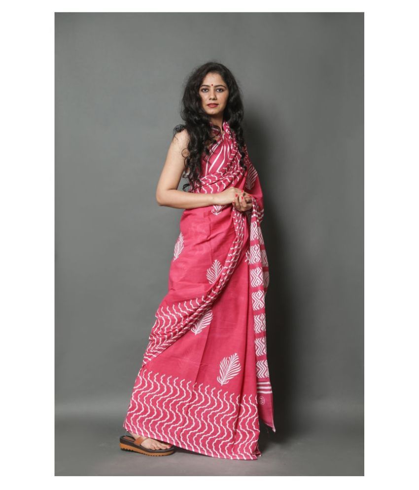 Shivanya Handicrafts Pink Cotton Blend Saree - Buy Shivanya Handicrafts Pink Cotton Blend Saree 