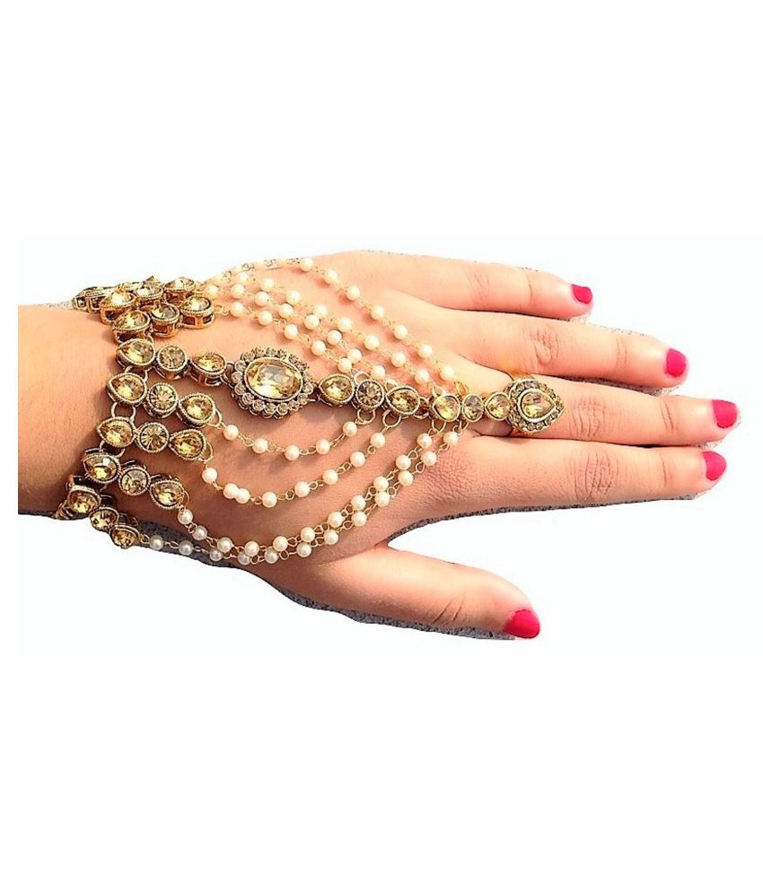     			Womensky Single Hand Golden/Gold Plated Hath phool/Hand Thong/Pearl Bracelet/Finger Ring Bracelet for Women and Girls