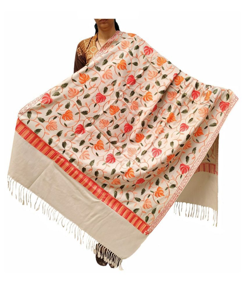 Varun Cloth House White Ari Embroidery Shawl - Single