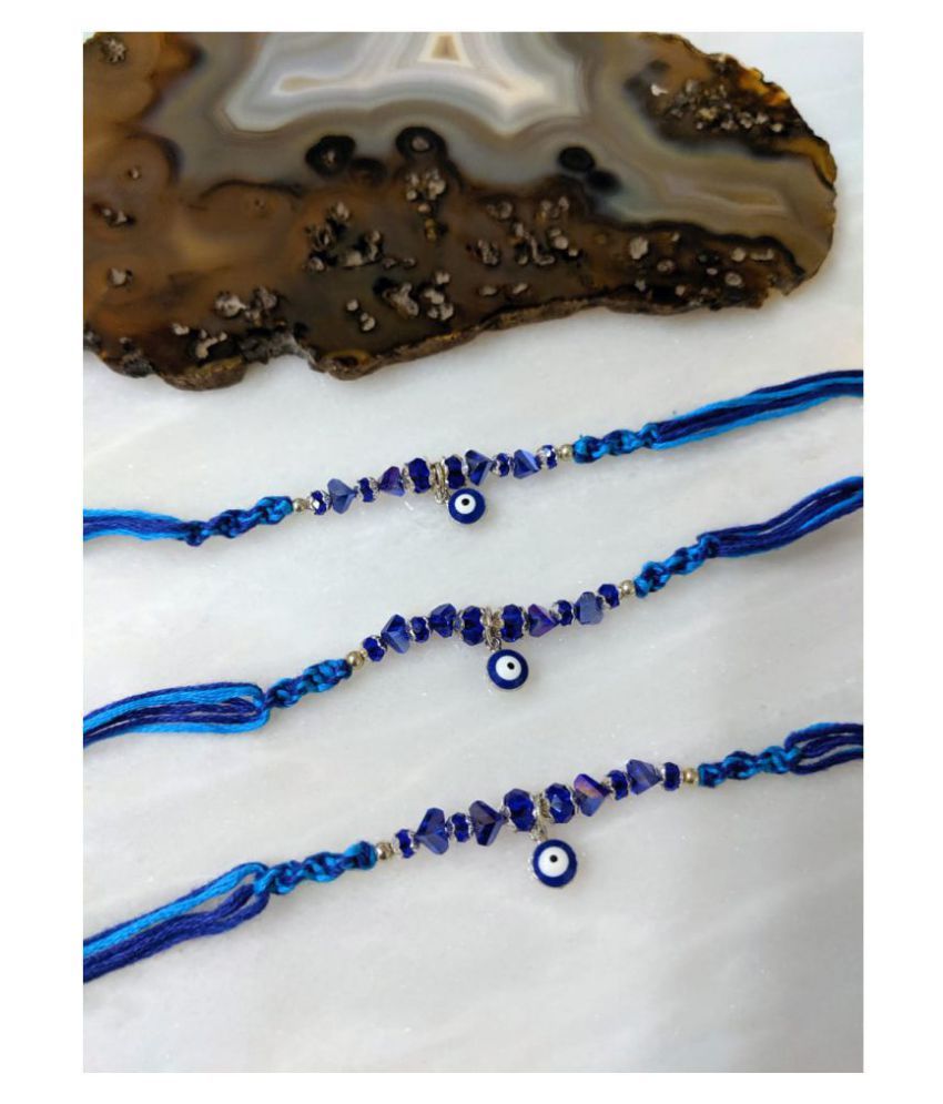 Navy Blue Evil Eye Rakhi Set For Men Silver Blue Beads Multicolor