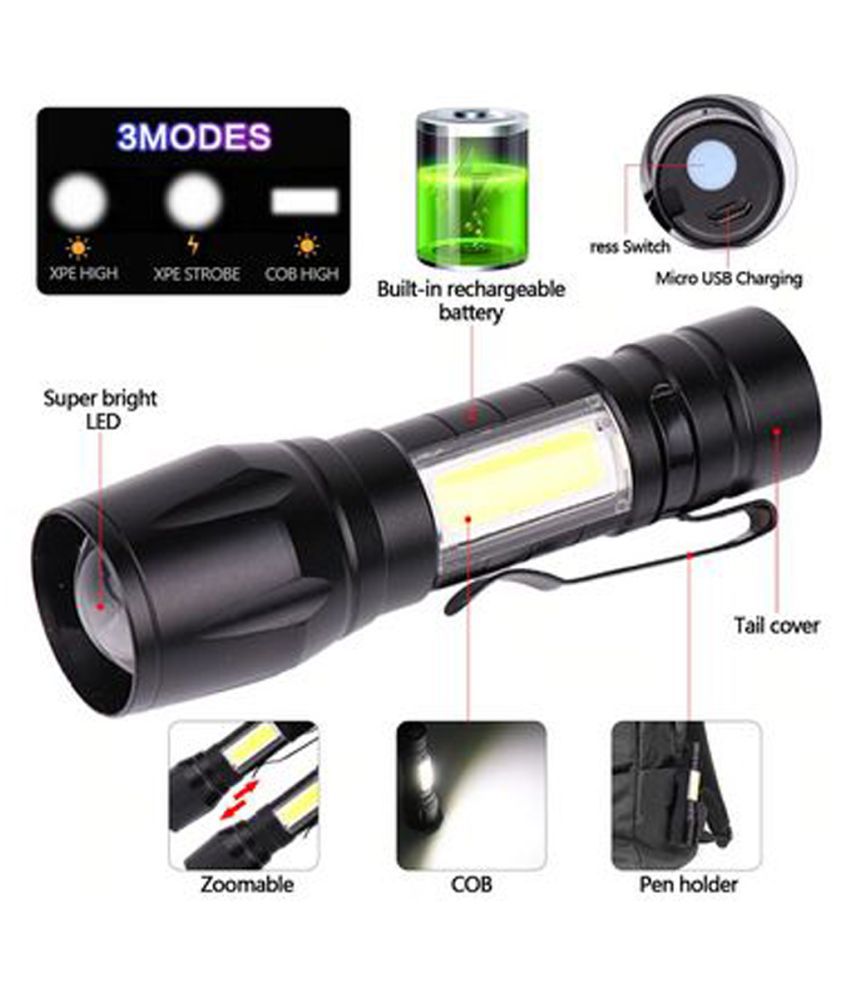 SM 2 in 1 High Quality LED Flashlight 100 Meter Full Metal Body 3 Modes Rechargeable Battery Waterproof Zoomable Flashlight Torch - Pack of 1