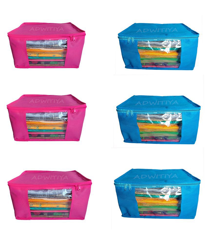     			ADWITIYA - Set of 6 - Plain Large Nonwoven Saree / Salwar Suit / Shirt / Jeans / Bedsheet / Garment / Cloth Storage Organizer Cover Case - Pink & Blue