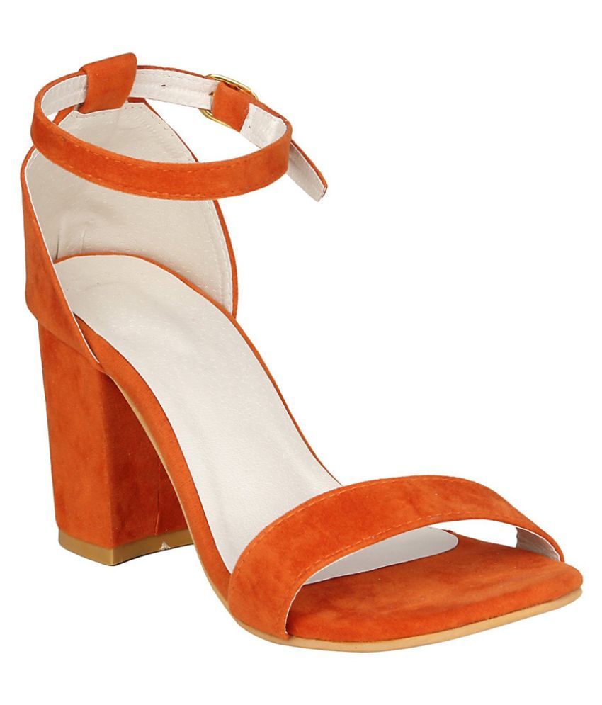 orange low block heel sandals