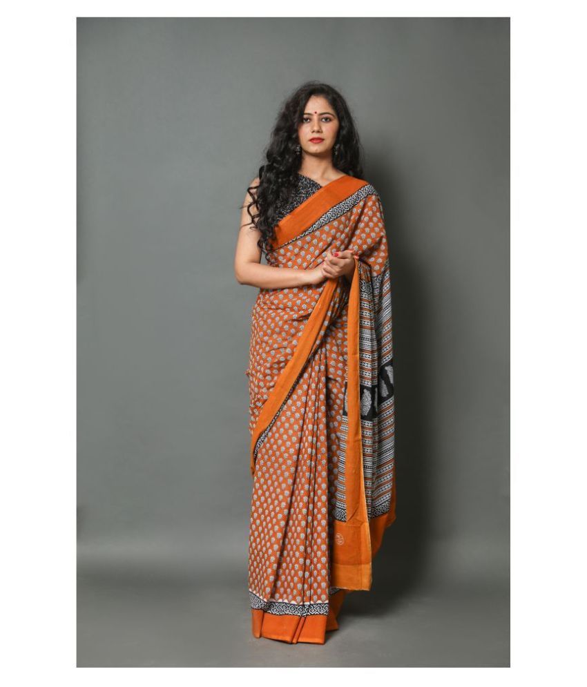 Shivanya Handicrafts Orange Cotton Blend Saree - Buy Shivanya Handicrafts Orange Cotton Blend 