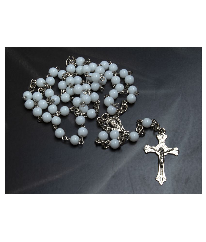 Waama Jewels Catholic Rosary White Beaded Christian Mala Necklace for