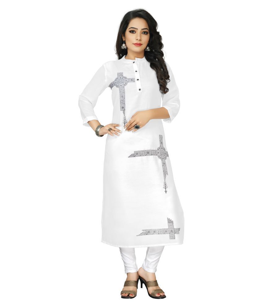     			Prettify White Cotton Blend Straight Kurti