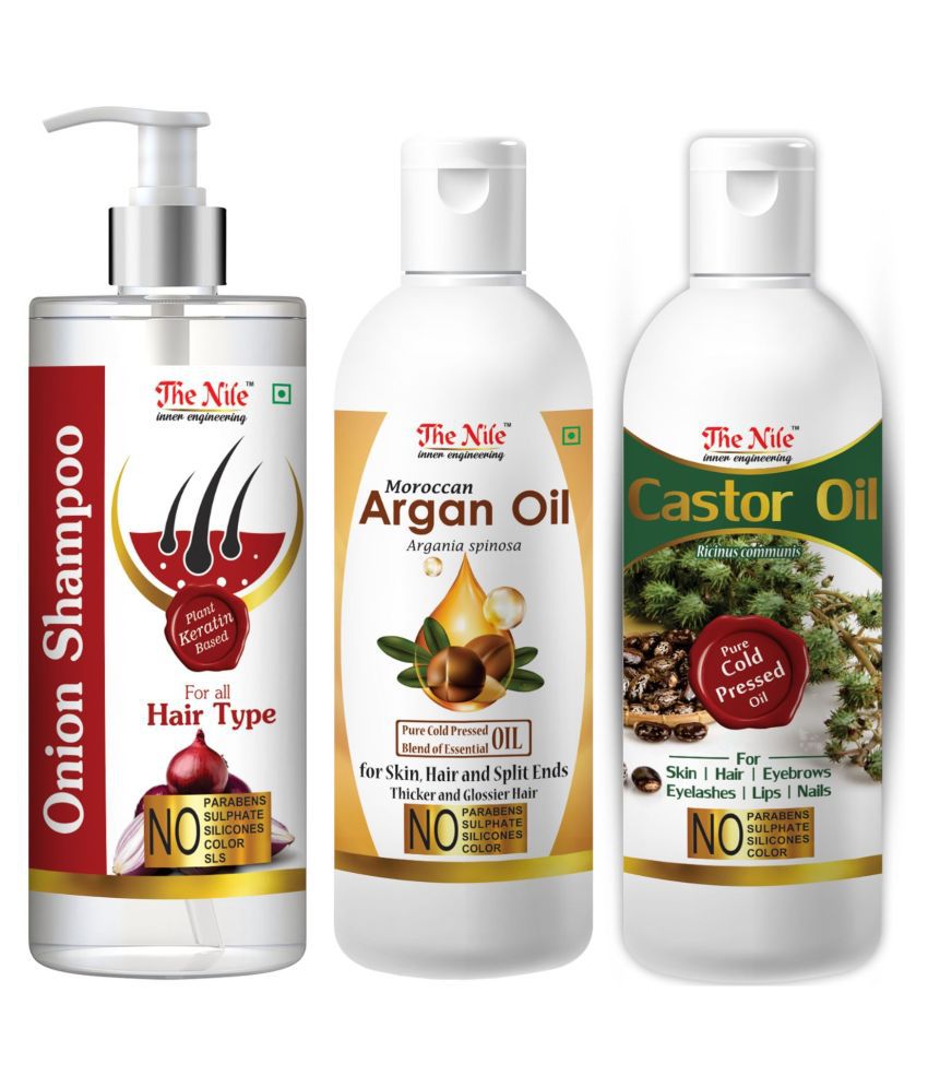     			The Nile Red Onion Shampoo 200 ML + Argan Argan Oil 100 ML + Castor Oil 100 ML  Shampoo 400 mL Pack of 3