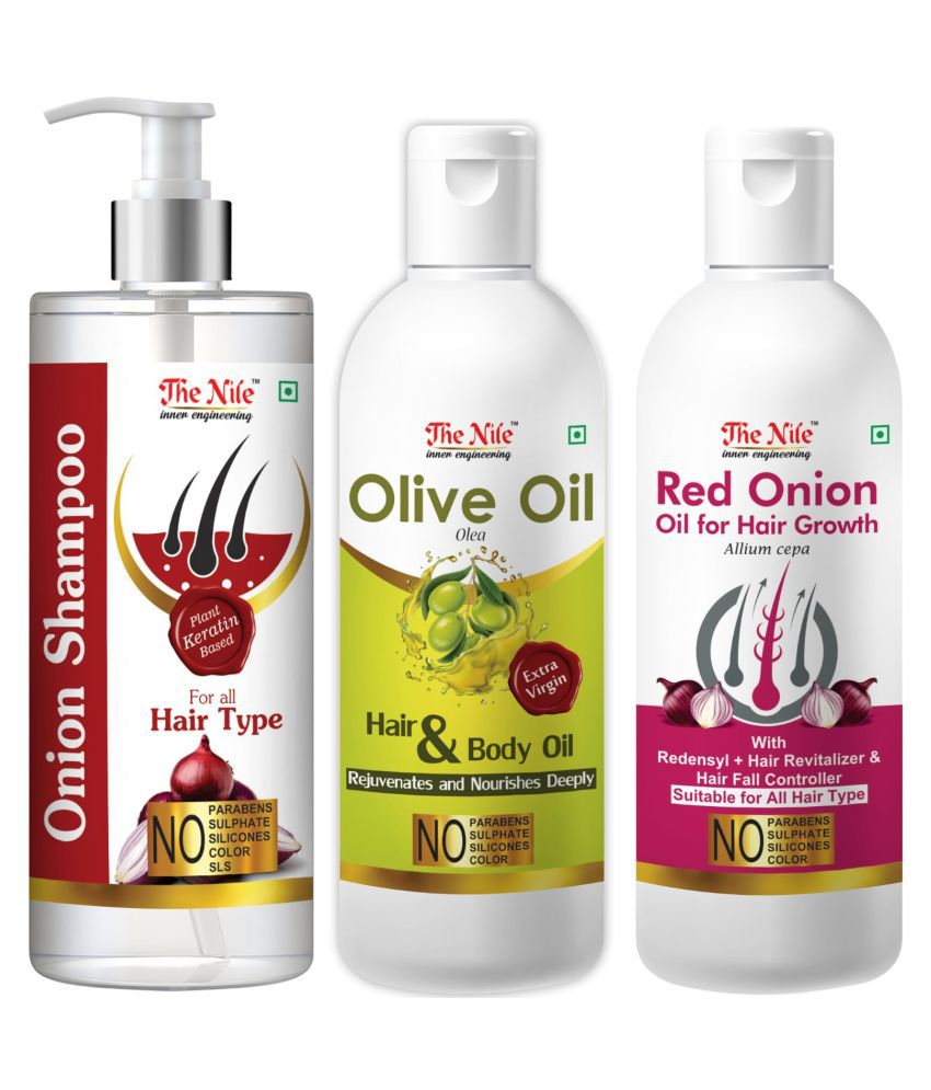     			The Nile Red Onion Shampoo 200 ML +  Olive Oil 100 ML + Red Onion Oil 100 ML  Shampoo 400 mL Pack of 3