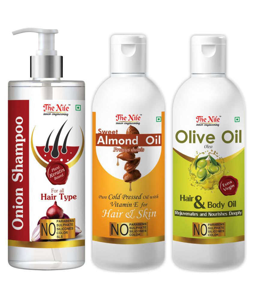     			The Nile Red Onion Shampoo 200 ML + Sweet Almond 100 ML + Olive Oil 100 ML  Shampoo 400 mL Pack of 3