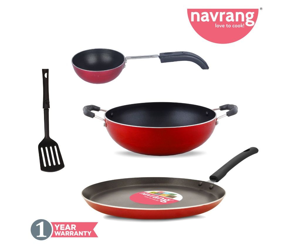     			Navrang Nonstick Aluminium 4 PC Cookware Set ,Tawa 275 + Kadai 230 + Tadka Pan + Spatula,Red NON-INDUCTION 