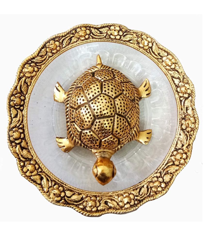     			FAB BAB Metal Feng Shui Tortoise on Plate Showpiece (Golden, Diameter:5.5 Inch) Metal Tortoise