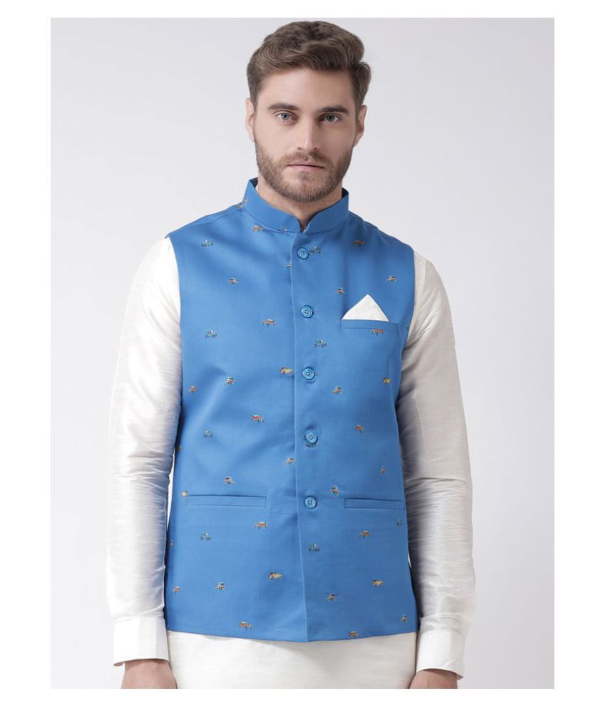     			Deyann Blue Linen Nehru Jacket